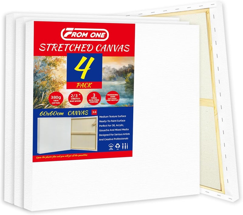 FROM ONE 4 Pack Stretched Canvases 24 x 24 inch –13.4oz (380gsm) Heavy-Duty 100% Cotton Canvas with Triple Gesso & Pre-Primed & Warp-Resistant Wood Frame for Oil, Acrylic & Mixed Media Artists - Image 1